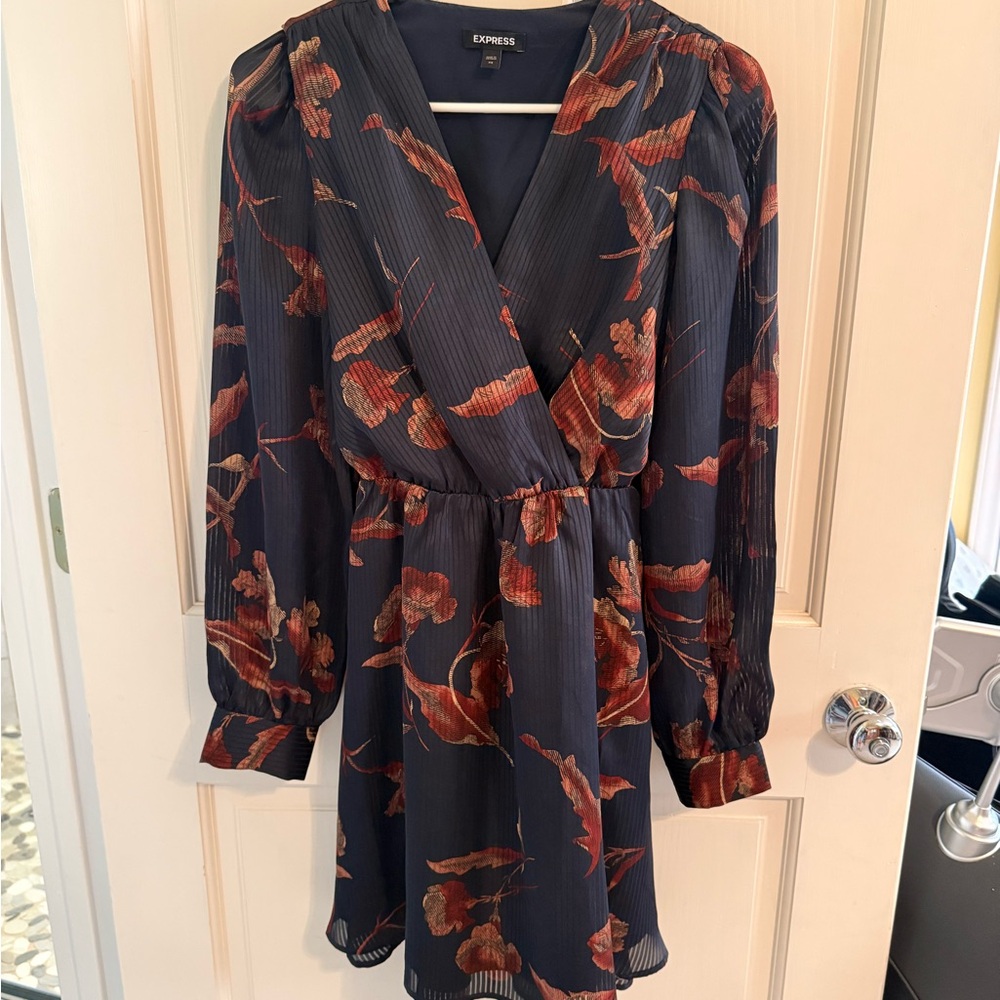 Express Women's Long Sleeve Dress - Navy and  brown